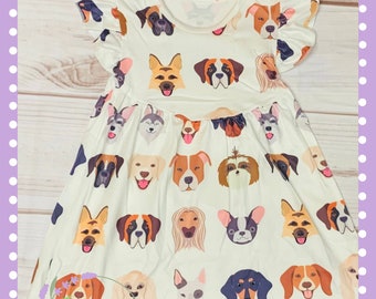 Milk Silk Playful Puppy Dogs Flutter Dress, Girls Toddler Rescue Dog, Puppies, Friendly K9s, Beagle, German Shepard, Dachshund *Ships in 24