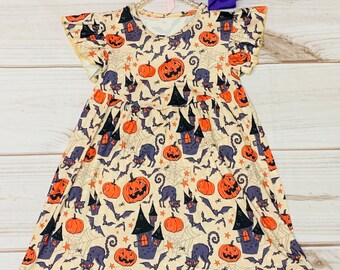 Milk Silk Around the Haunted House Flutter Sleeve Dress, Girls Toddler, Black Cats, Jack O Lanterns, Spider Webs, Cobwebs *Ships in 24 hours