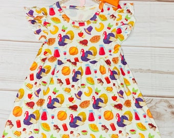 Milk Silk Thanksgiving Day Treat Flutter Sleeve Dress, Girls Toddler Happy Thanksgiving Turkey, Pilgrim Hat, Pumpkin Pie, Pumpkin Pie Dress