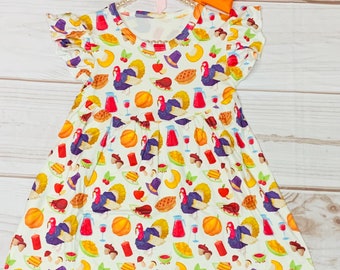 Milk Silk Thanksgiving Day Treat Flutter Sleeve Dress, Girls Toddler Happy Thanksgiving Turkey, Pilgrim Hat, Pumpkin Pie *Ships in 24