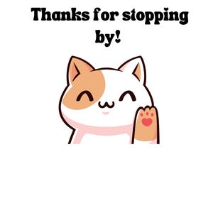 Pode incluir: Uma ilustra&ccedil;&atilde;o de desenho animado de um gato branco com manchas laranja, acenando com a pata direita. O gato tem um nariz rosa e uma express&atilde;o feliz. O texto "Obrigado por passar!" est&aacute; acima do gato.