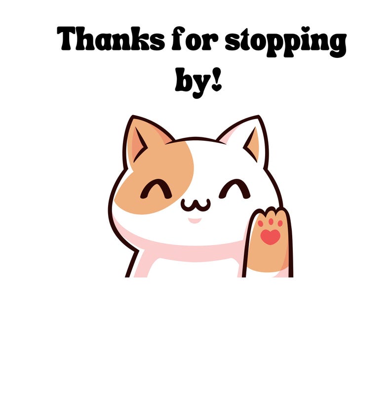 Pode incluir: Uma ilustra&ccedil;&atilde;o de desenho animado de um gato branco com manchas laranja, acenando com a pata direita. O gato tem um nariz rosa e uma express&atilde;o feliz. O texto "Obrigado por passar!" est&aacute; acima do gato.
