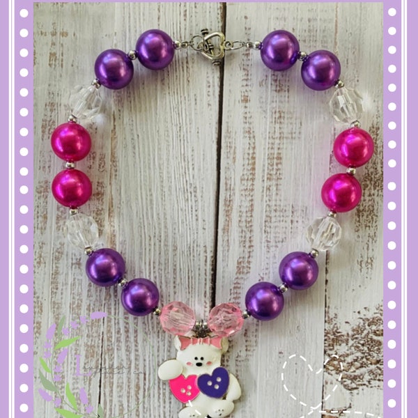 Pink, White & Purple Chunky Bubblegum Necklace w/ Bear Charm, Girl Toddler Beary Sweet, Valentine's Day, Feb 14th, Love *Ships in 24 hours!
