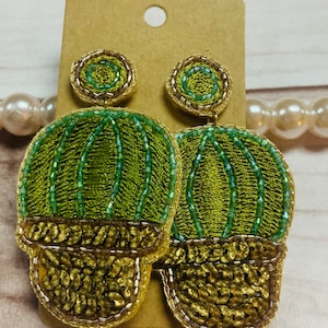 Green Cactus Succulent Beaded Earrings, Prickle Plant Dangle Earrings, Horticulturist, Stocking Stuffer, White Elephant, Sequin Post Stud