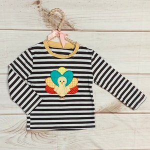 Striped Brown Turkey Shirt Raglan, Boys, Girls, Toddlers Thanksgiving Feast Day, Autumn Pilgrim Celebrate Thanksgiving, Embroidered Turkey