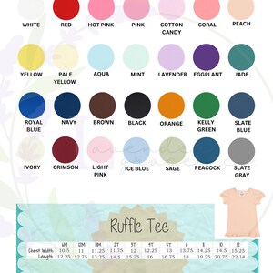 May include: Image features a variety of solid-color ruffle tees. Colors include white, red, pink, and blue. The image also displays a size chart with chest width and length measurements in inches for each size, from 6M to 12.