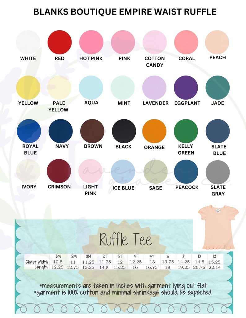 May include: Image features a variety of solid-color ruffle tees. Colors include white, red, pink, and blue. The image also displays a size chart with chest width and length measurements in inches for each size, from 6M to 12.