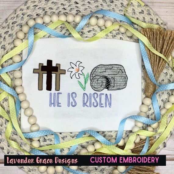 Embroidered Unisex He Is Risen Easter Sunday Kids Shirt, Girls Boys Lily, Rock, Cross Applique Shirts, Jesus Lived, Three Crosses Sunday