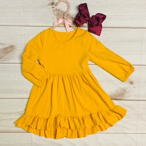 Mustard Yellow 3/4 Sleeve Ruffle Fall Time Twirl Dress, Girls Toddler Solid Autumn Time, Fall Pictures, Sweater Weather, Cold, Scoop Neck