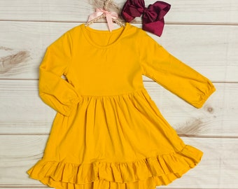 Senfgelb 3/4 Ärmel Rüschen Herbst Zeit Twirl Kleid, Mädchen Kleinkind Solid Herbst Zeit, Herbst Bilder, Pullover Wetter, Kälte, U-Ausschnitt