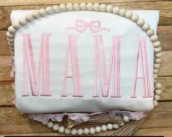 Embroidered Mama Coquette Engraved Font Sweater or Shirt Custom Name Valentine's Day Mother's Day Gift Simple Satin Stitch Small Satin Bow