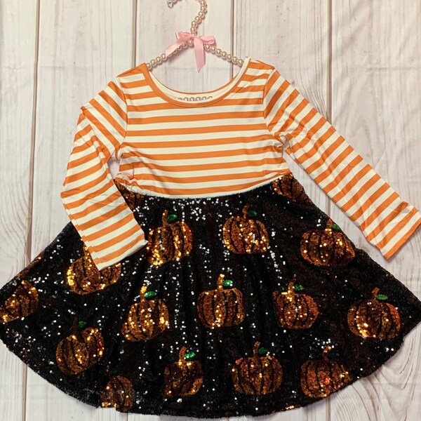 Milk Silk Orange & White Striped Sequin Pumpkin Dress Girls Toddler Shiny Pumpkins Halloween Trick or Treat Autumn Black Sequin *Ships in 24