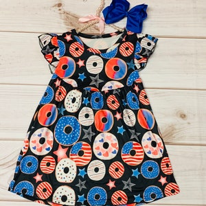 New Milk Silk Patriotic Donut Flutter Sleeve Dress, Girls Toddler Independence Day, 4th of July, Celebrate America, Fireworks Red White Blue