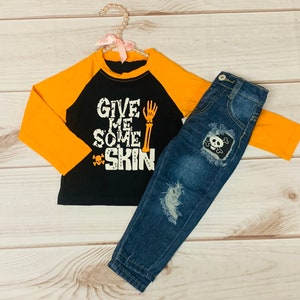Long Sleeve Give Me Some Skin Boys Raglan Halloween Shirt w/ Matching Denim Jean Bottoms, Trick or Treat, Fall Outfit, Toddler Kids Skeleton