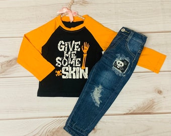 Long Sleeve Give Me Some Skin Boys Raglan Halloween Shirt w/ Matching Denim Jean Bottoms, Trick or Treat, Fall Outfit, Toddler Kids Skeleton