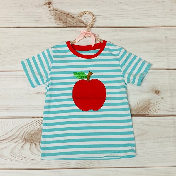 Teal Striped Red Apple Shirt, Boys, Girls, Unisex Back to School Elementary Toddler Preschool Apple *Ships in 24 hours Comfortable and Soft!
