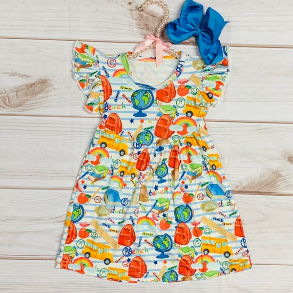 Milk Silk Rainbow School Flutter Dress, Girls Toddler Back to School, Graduation, Bus, Apples, Rainbow Dress, School Doodles *Ships in 24