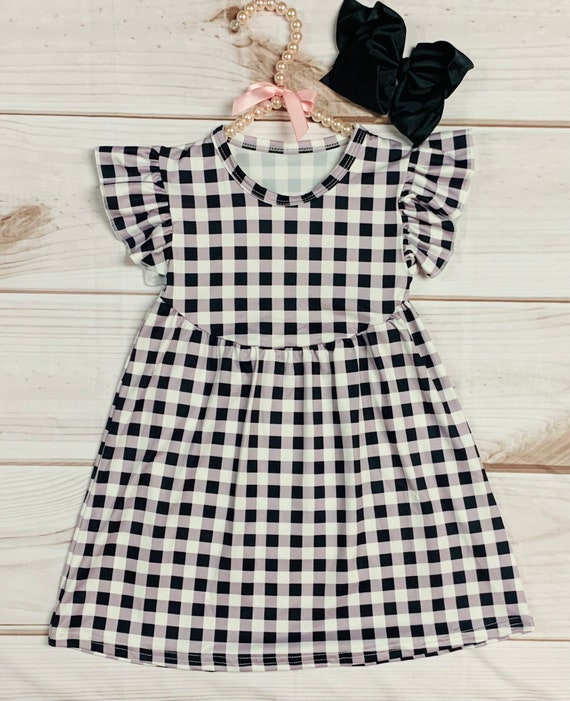 Milk Silk Black White Plaid Flutter Sleeve Dress Girls Toddlers Autumn Wear Fall Time Stripes Halloween Patterned Dress Checkered Etsy UK