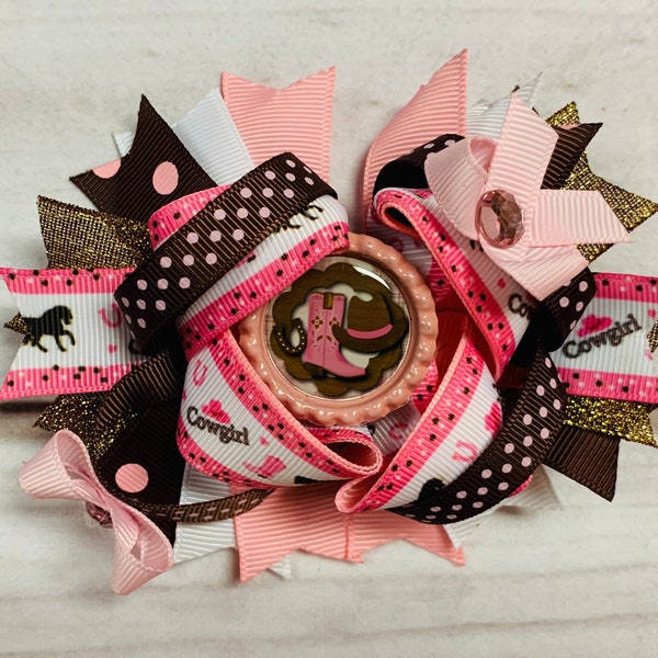 Cowgirl Boots & Horses Hair Bow, Horse Riding, Equine, Equestrian, Girl Toddler Pink Brown Hair Bow, Horseshoe, Horseback*Ships in 24 hours!