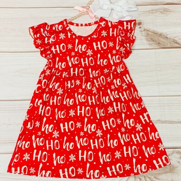 Milk Silk Red Ho Ho Ho Printed Flutter Sleeve Dress, Girls Toddler Christmas Holiday, Santa's On His Way Winter Concert  **Ships in 24 hours