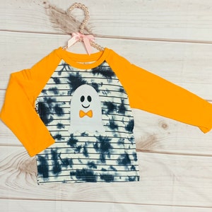 Trick or Treat Boo Ghost Raglan for Boys Girls Unisex, Halloween Shirt, Embroidered Applique Tye Dye, Striped Shirt, Bow Tie Ghost Embroider