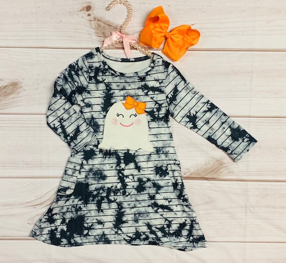 Milk Silk Trick or Treat Embroidered Ghost Dress, Halloween Girls, Toddlers, Say Boo, Striped Tye Dye Long Sleeve Dress, Girl Ghost w/ Bow