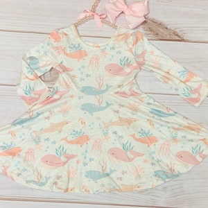 Milk Silk Long Sleeved Underwater Pastel Friends Twirl Dress, Girls Toddler Whales, Dolphins, Jellyfish Besties, Coral Reefs, Fish, Ocean