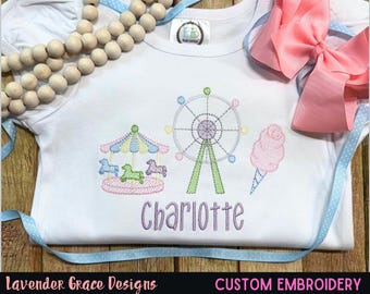Embroidered Country Fair Shirt w/ Name Included Carousel Ride Cotton Candy and Ferris Wheel Fair Carnival Themed Pastel Colors Spring Time