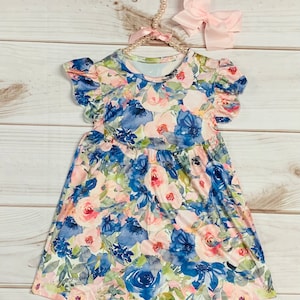 Vestito con maniche a palloncino in seta di latte blu e rosa, vestito a fiori per bambine, fiori, ritorno a scuola, baby shower, tea party, acquerelli