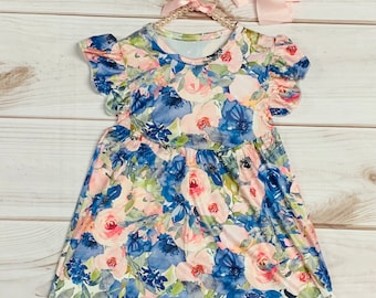 Milk Silk Blue & Pink Roses Flutter Sleeve Dress, Girls Toddler Flower Dress, Florals, Back to School, Baby Shower, Tea Party, Watercolors