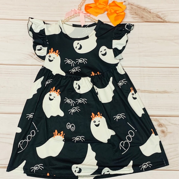 Milk Silk Happy Ghosts Black Flutter Sleeve Dress, Girls Toddler Smiling Ghosts, Halloween Ghouls, Trick or Treat, Spiders, Boo *Ships in 24