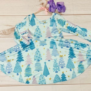 Milk Silk Turquoise & Pink Holiday Trees Twirl Dress, Girls Winter Christmas Santa, Snowman Twirl *Ships in 24 hours Comfortable and Soft!