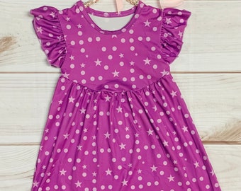 Milk Silk Purple Stars and Dots Flutter Sleeve Dress, Girls Toddler All Things Purple Dress, Preschool Dress, Everyday Dress, A Line Dress