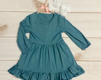 Cornflower Blue 3/4 Sleeve Ruffle Fall Time Twirl Dress, Girls Toddler Solid Autumn Time, Fall Pictures, Sweater Weather, Cold *Ships in 24