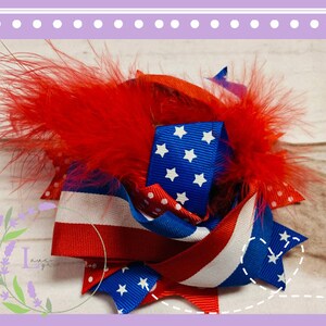 Red White & Blue Patriotic Hair Bow w/ Feathers, 4th of July, Independence Day, Firecracker, Fireworks, America, Boom, Stars and Stripes