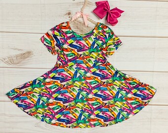 Milk Silk Colorful Crayon Twirl Dress, Back to School, Rainbow Crayons, Elementary, Preschool Girls *Ships in 24 hours Comfortable and Soft