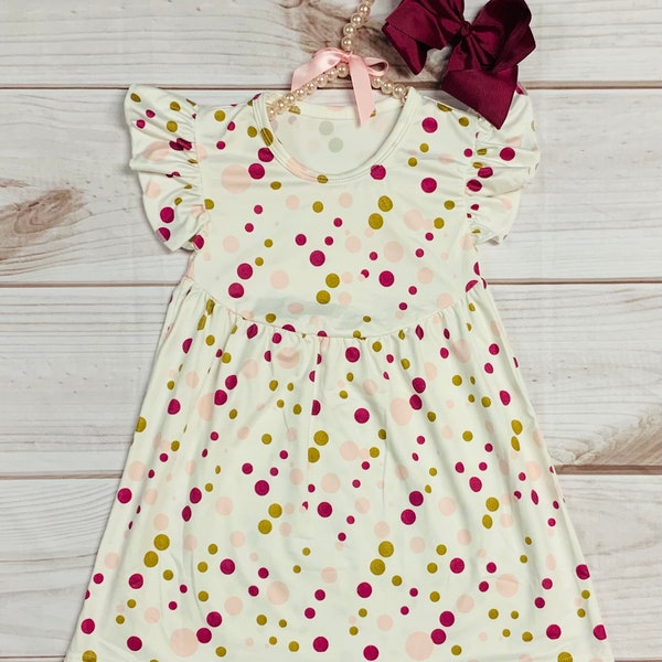 Milk Silk Red & Gold Polka Dot Flutter Sleeve Dress, Girls Toddler Every Day Dress, Back to School, Birthday, Gift Present *Ships in 24