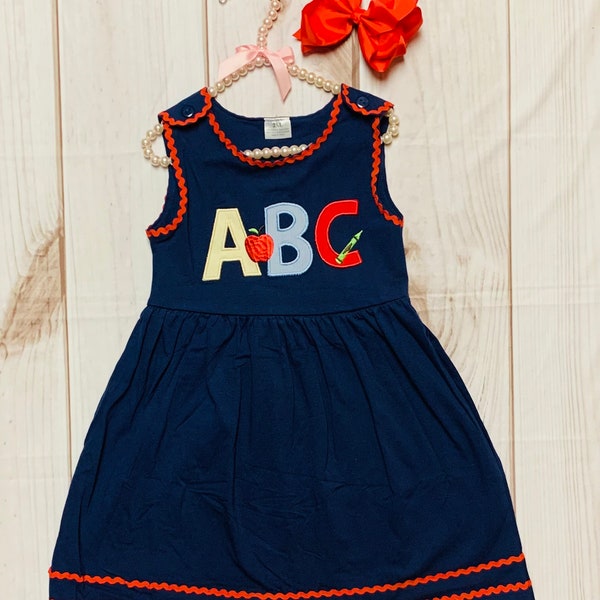 Navy Sleeveless Embroidered ABC Apple Dress, Girls Back to School, Alphabet, 123, Preschool, Elementary Dress *Ships in 24 hours!