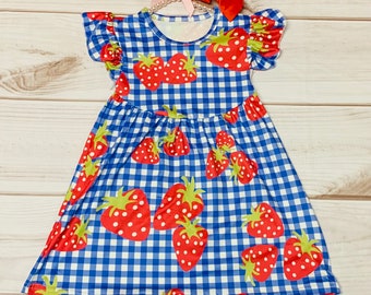 Milk Silk Blue Strawberry Flutter Sleeve Dress, Girl Toddler Plaid Berry Dress, Festival Juicy Sweet, Summer Time, Red Berries *Ships in 24