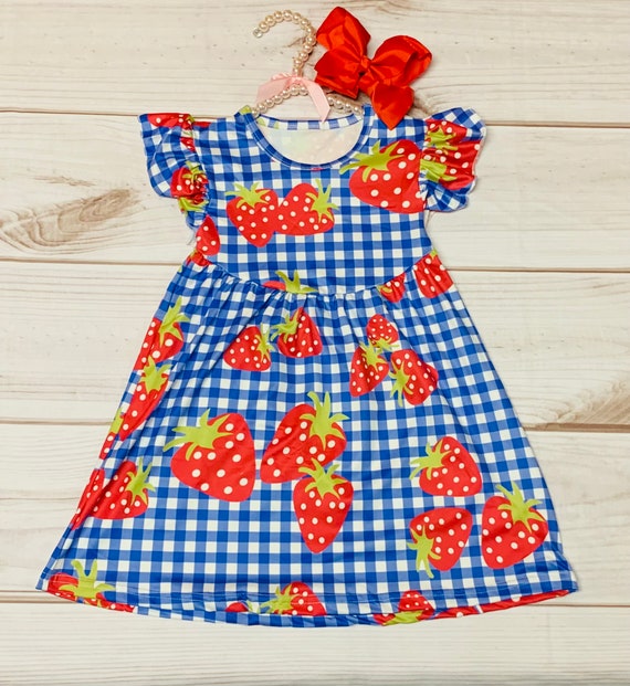 Milk Silk Blue Strawberry Flutter Sleeve Dress, Girl Toddler Plaid Berry  Dress, Festival Juicy Sweet, Summer Time, Red Berries *Ships in 24