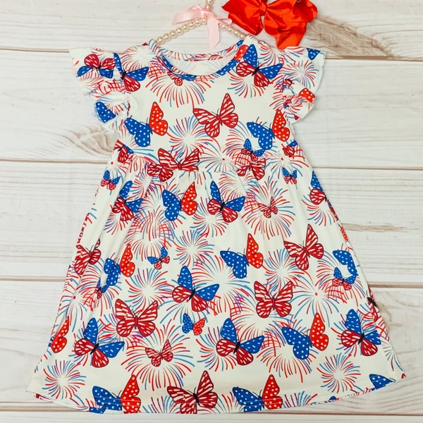 Milk Silk Independence Day Fireworks & Butterflies Flutter Sleeve Dress, Girls Toddlers 4th of July Dress, America, USA *Ships in 24