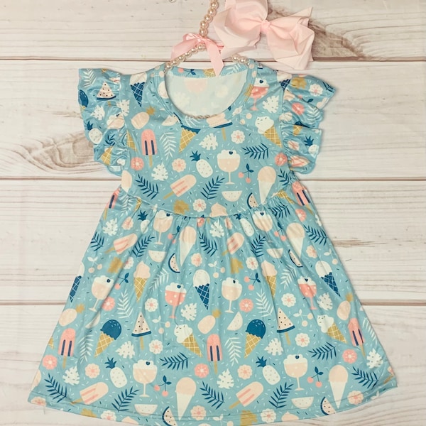 Milk Silk Teal Ice Cream & Treats Flutter Sleeve Dress, Girls Toddler Sumer Day, Ice Pops, Watermelon, Popsicles, Spring Flower *Ships in 24