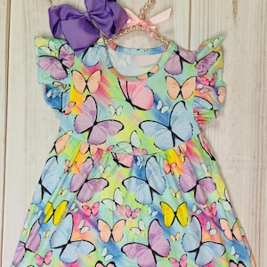 Milk Silk Pastel Rainbow Butterfly Flutter Sleeve Dress, Girls Toddler Monarch Watercolors, Summer Wear, Large Mini Butterflies *Ships in 24