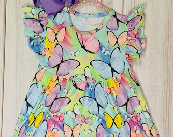 Milch Seide Pastell Regenbogen Schmetterling Flattern Kleid, Mädchen Kleinkind Monarch Aquarelle, Sommer tragen, große Mini-Schmetterlinge * Schiffe in 24