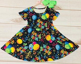 Milk Silk Happy Birthday Twirl Dress, Girls Toddler Party Dress, Balloons, Streamers, Celebrate Another Year, Birthday Girl *Ships in 24