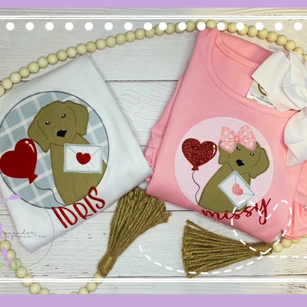 Girls Boys Toddlers Valentine's Day Puppy w/ Bow Applique Shirt February 14th Embroidered Shirt Pink Dog w/ Valentine Balloon Vday Shirt