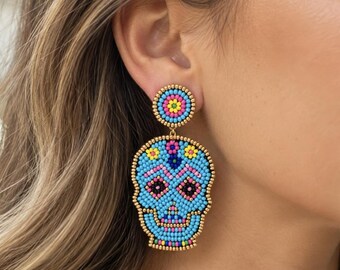 Day of the Dead Sugar Skull Beaded Earrings Turquoise Blue Statement Earrings Colorful Halloween Jewelry Dia de los Muertos Gift for Her