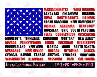 50 States Flag Shape Digital Download Pdf Png Jpeg Svg, United State of America, Original Colonies, Stars and Stripes, 4th of July, USA