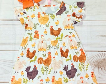 Milk Silk Chicken Flock Flutter Sleeve Dress, Girls Toddler Rhode Island Reds, Legohorn Chicken w/ Baby Chicks, Rooster Dress, Australorps