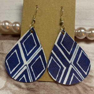 Blue & White Diamond Geometric Tear Drop Vinyl Handmade Earrings Mother&#39;s Day Gift, Stocking Stuffer, Brunch Earrings, Everyday, Hook Style